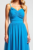 A Line Blue Spaghetti Straps Chiffon Long Bridesmaid Dress