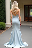 Sheath Dusty Blue One Shoulder Ruffled Long Bridesmaid Dress