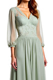 Lace Dusty Sage V-Neck Long Bridesmaid Dress with Half Sleeves