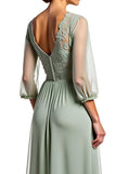 Lace Dusty Sage V-Neck Long Bridesmaid Dress with Half Sleeves