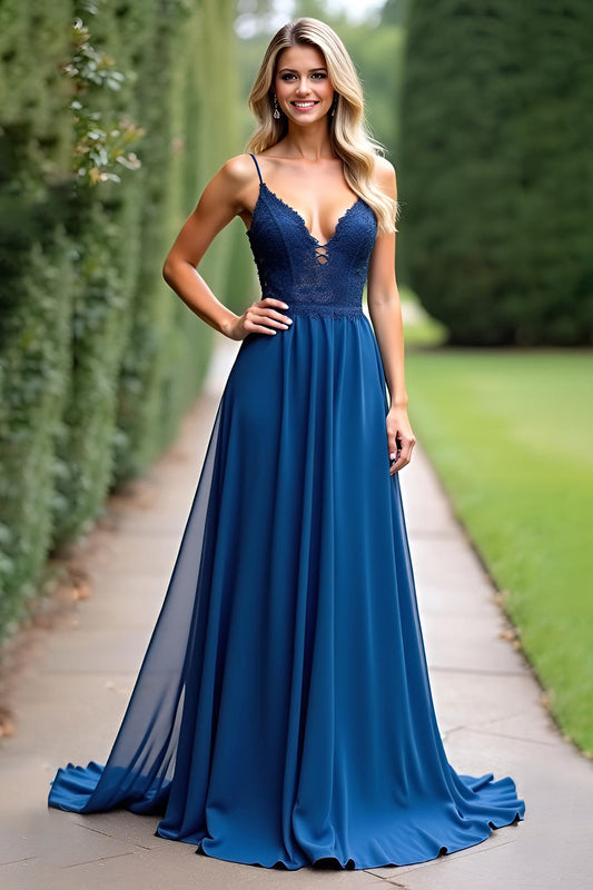 Spaghetti Straps Dark Blue A Line Long Bridesmaid Dress