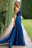 Spaghetti Straps Dark Blue A Line Long Bridesmaid Dress