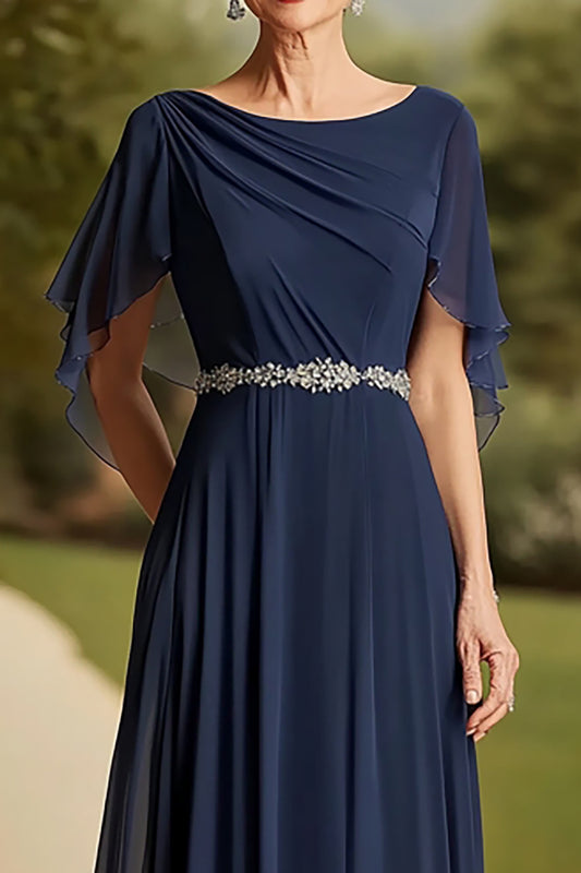 Round Neck Navy Ruched Long Mother of the Bride Dress