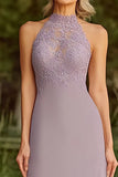 Lilac Halter Neck Lace Mother of the Bride Dress