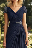 V-Neck Navy A Line Ruched Long Mother of the Bride Dress