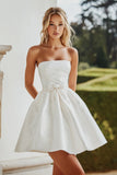 Square Neck White A Line Satin Short Graduation Dress with Bowknot