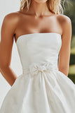 Square Neck White A Line Satin Short Graduation Dress with Bowknot