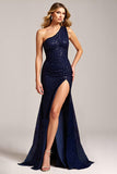 One Shoulder Sparkly Navy Mermaid Long Prom Dress