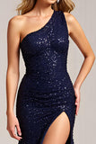 One Shoulder Sparkly Navy Mermaid Long Prom Dress