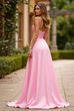 A Line Pink Ruched Long Prom Dress with Slit