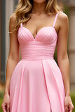 A Line Pink Ruched Long Prom Dress with Slit