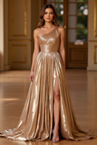 A Line One Shoulder Gold Metallic Long Prom Dress with Slit
