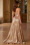 A Line One Shoulder Gold Metallic Long Prom Dress with Slit