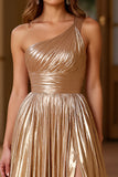 A Line One Shoulder Gold Metallic Long Prom Dress with Slit