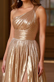 A Line One Shoulder Gold Metallic Long Prom Dress with Slit