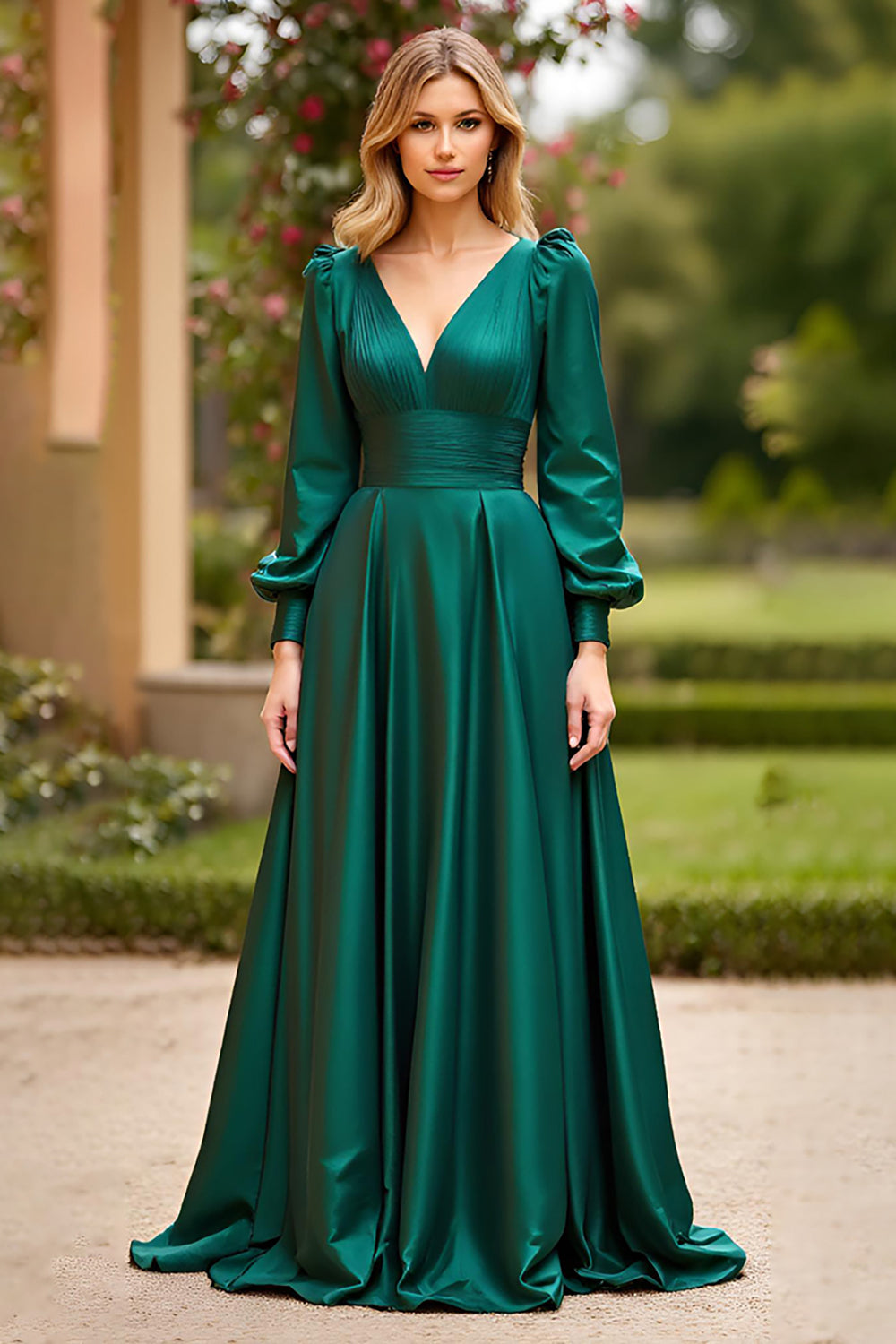 V-Neck Long Dark Green Prom Dress with Long Sleeves