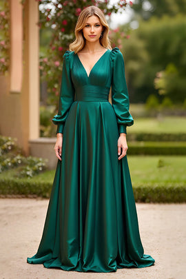 V-Neck Long Dark Green Prom Dress with Long Sleeves