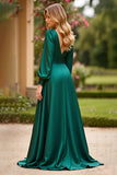 V-Neck Long Dark Green Prom Dress with Long Sleeves