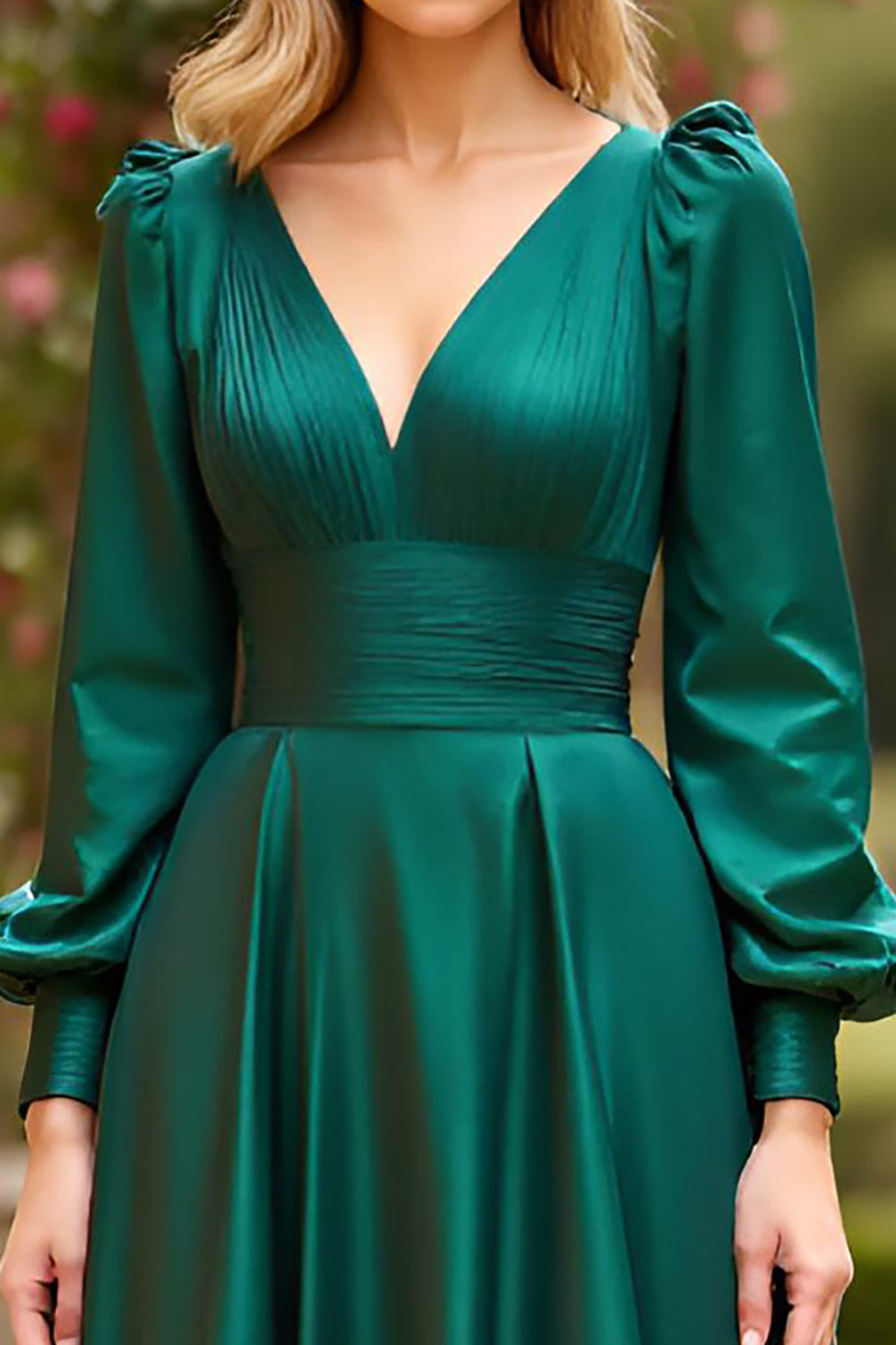 V-Neck Long Dark Green Prom Dress with Long Sleeves