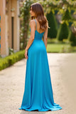 A Line Long Blue Spaghetti Straps Prom Dress with Slit