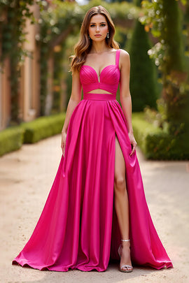 Cut Out Satin Fuchsia Long Prom Dress with Slit