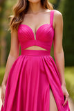 Cut Out Satin Fuchsia Long Prom Dress with Slit