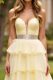 Light Yellow Strapless Tiered Long Prom Dress