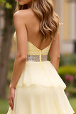 Light Yellow Strapless Tiered Long Prom Dress