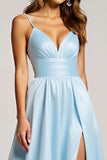 A Line Ruched Sky Blue V-Neck Long Prom Dress with Slit