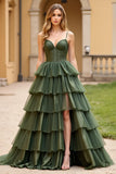 Olive Ball Gown Tiered Long Prom Dress with Slit