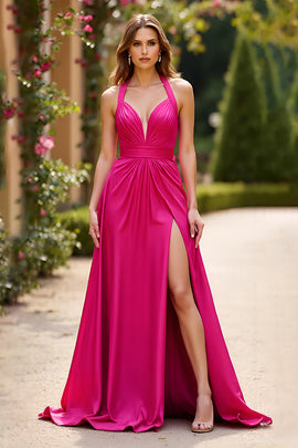 Halter Neck Fuchsia A Line Long Prom Dress with Slit