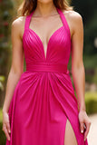 Halter Neck Fuchsia A Line Long Prom Dress with Slit