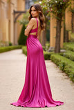 A Line Fuchsia Satin Ruched Long Prom Dress with Slit