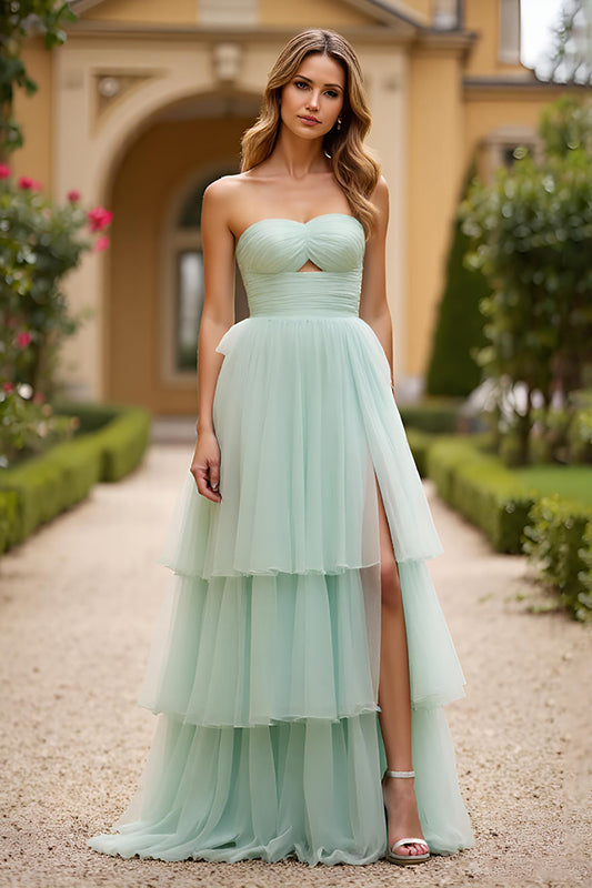 Strapless Light Green A Line Tiered Long Prom Dress with Slit