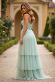 Strapless Light Green A Line Tiered Long Prom Dress with Slit