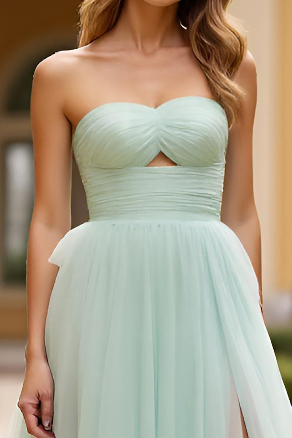 Strapless Light Green A Line Tiered Long Prom Dress with Slit