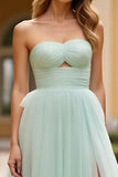 Strapless Light Green A Line Tiered Long Prom Dress with Slit