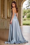 A Line Dusty Blue Deep V-Neck Long Prom Dress with Slit