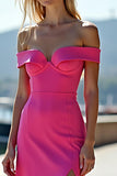 Off the Shoulder Fuchsia Sheath Long Prom Dress with Slit