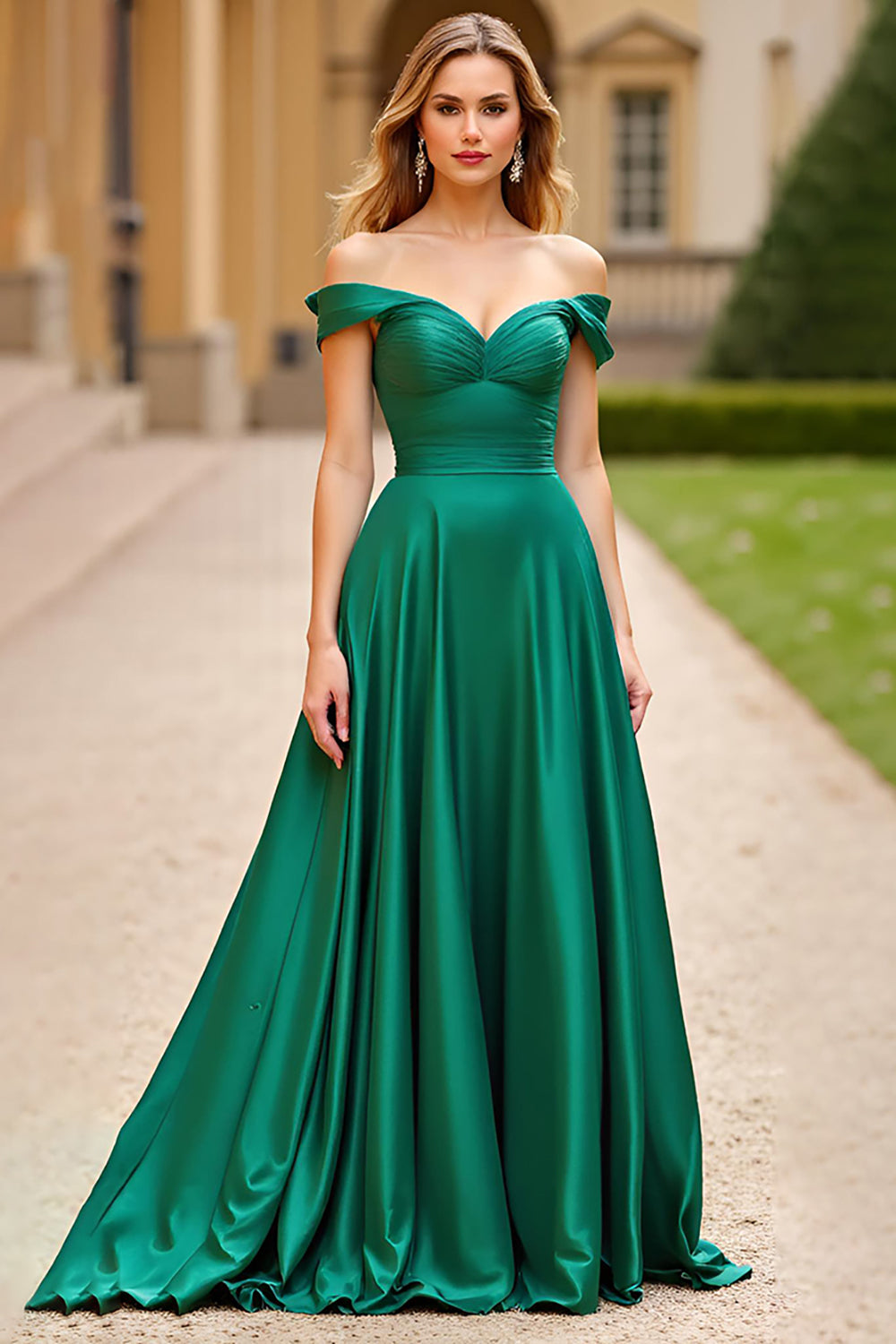 ZAPAKASA Women Dark Green Off the Shoulder A Line Long Prom Dress