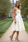 White Strapless A Line Knee-Length Graduation Dress