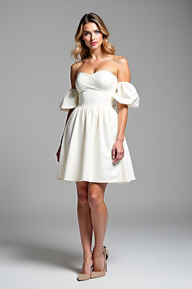 A Line Off the Shoulder White Satin Short Graduation Dress