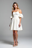 A Line Off the Shoulder White Satin Short Graduation Dress