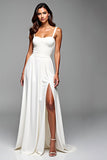 White Backless Ruched Long Graduation Dress with Slit