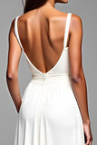 White Backless Ruched Long Graduation Dress with Slit