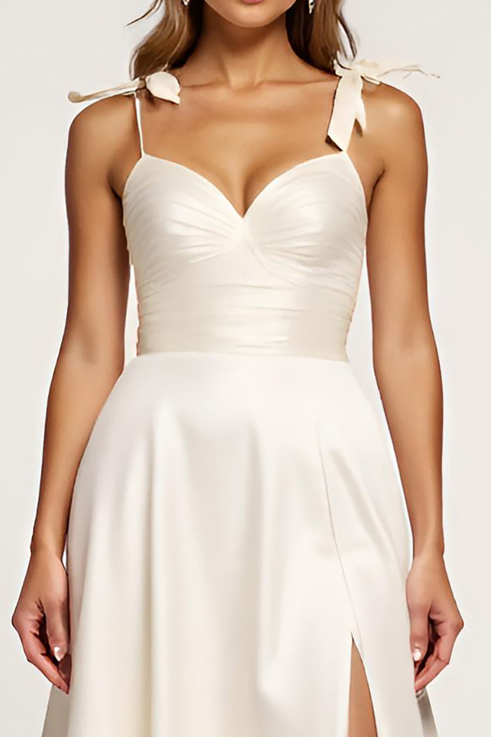 Spaghetti Straps Ivory A Line Long Graduation Dress with Slit