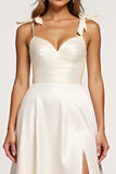 Spaghetti Straps Ivory A Line Long Graduation Dress with Slit