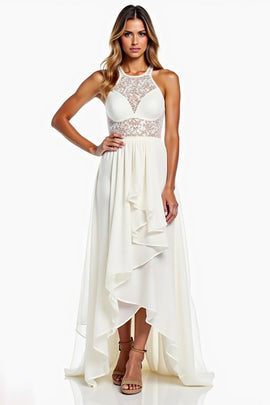Halter Neck White A Line High-Low Graduation Dress