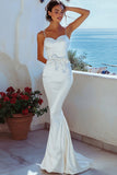 Spaghetti Straps White Satin Long Graduation Dress with Bowknot