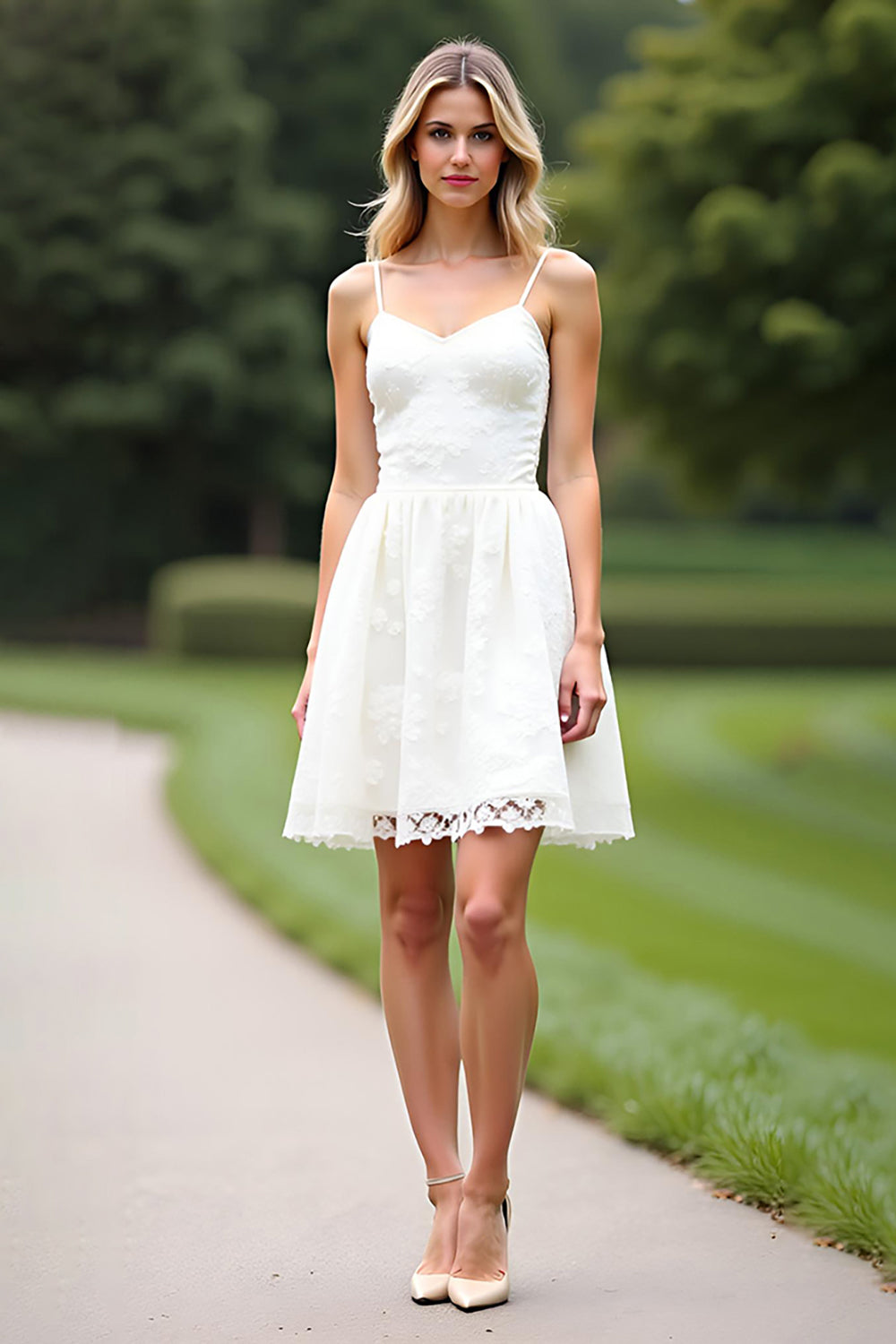 ZAPAKASA Women White Cotton A Line Lace Short Graduation Dress